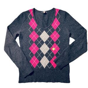 Apt 9. gray pink argyle 100% Cashmere V-neck pullover sweater ladies Small *flaw